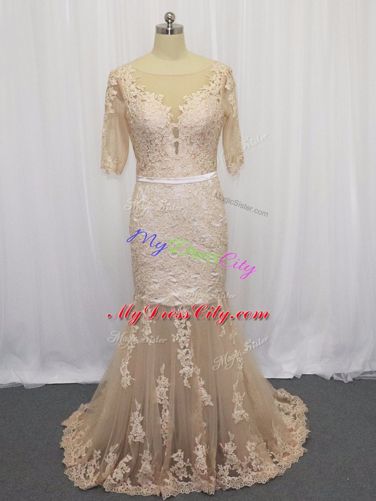 Amazing Champagne Half Sleeves Lace and Appliques Backless Prom Evening Gown