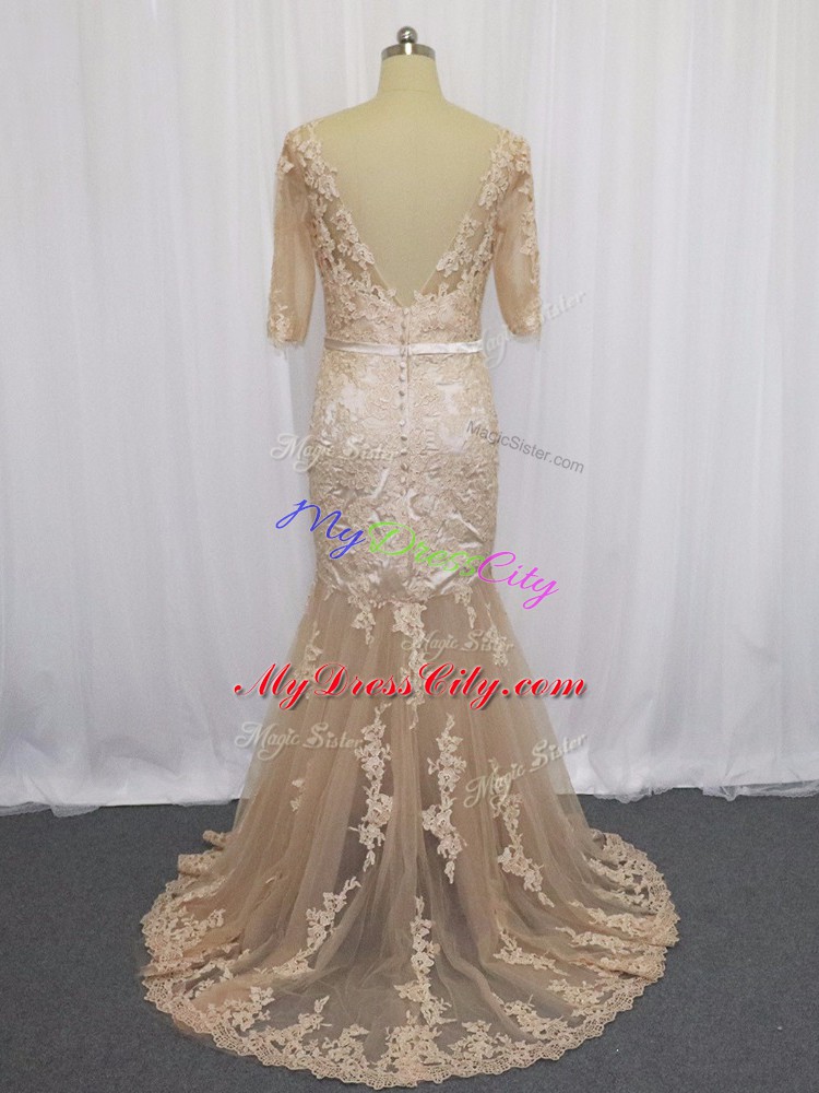 Amazing Champagne Half Sleeves Lace and Appliques Backless Prom Evening Gown