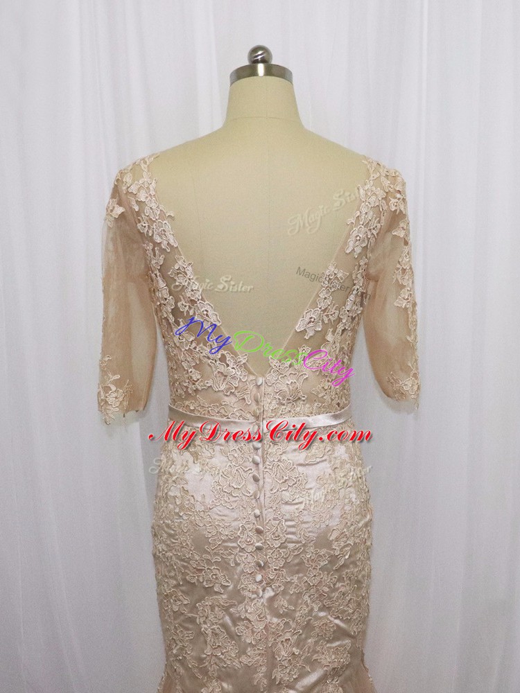 Amazing Champagne Half Sleeves Lace and Appliques Backless Prom Evening Gown