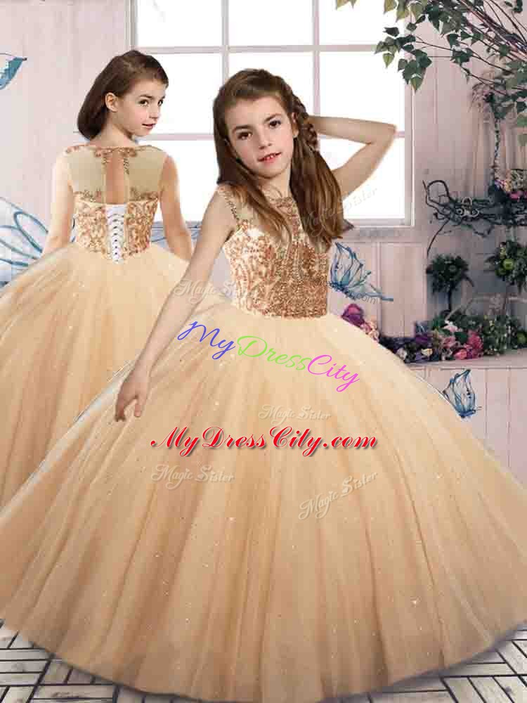 Champagne Scoop Lace Up Beading Child Pageant Dress Sleeveless