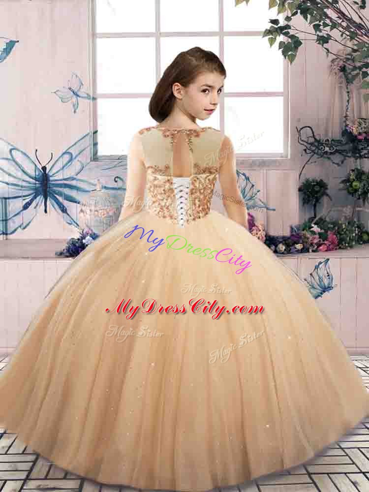 Champagne Scoop Lace Up Beading Child Pageant Dress Sleeveless