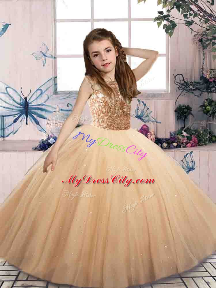 Champagne Scoop Lace Up Beading Child Pageant Dress Sleeveless