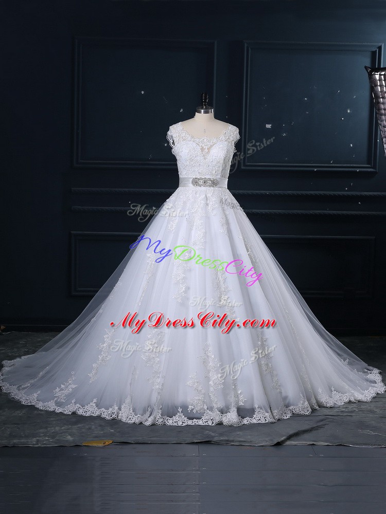 Comfortable Scoop Sleeveless Wedding Gown Brush Train Beading and Lace White Tulle