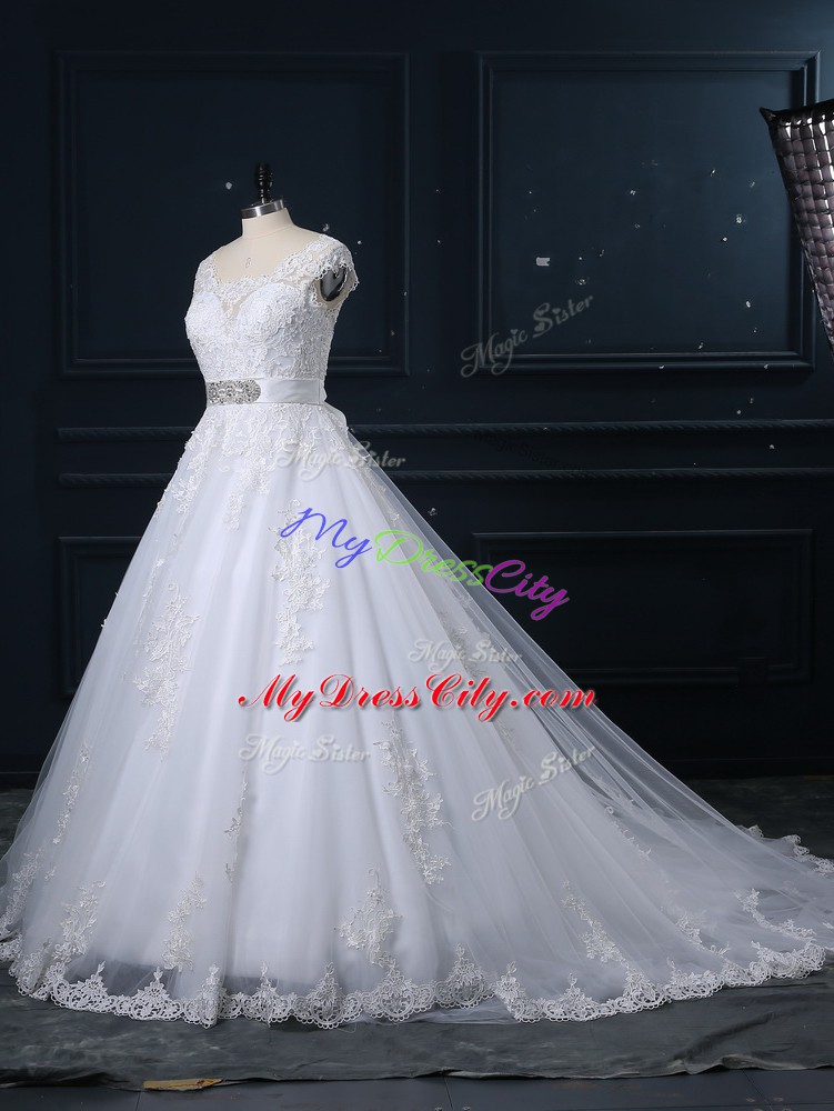 Comfortable Scoop Sleeveless Wedding Gown Brush Train Beading and Lace White Tulle