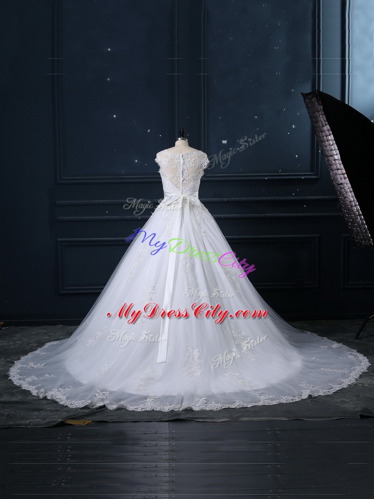 Comfortable Scoop Sleeveless Wedding Gown Brush Train Beading and Lace White Tulle