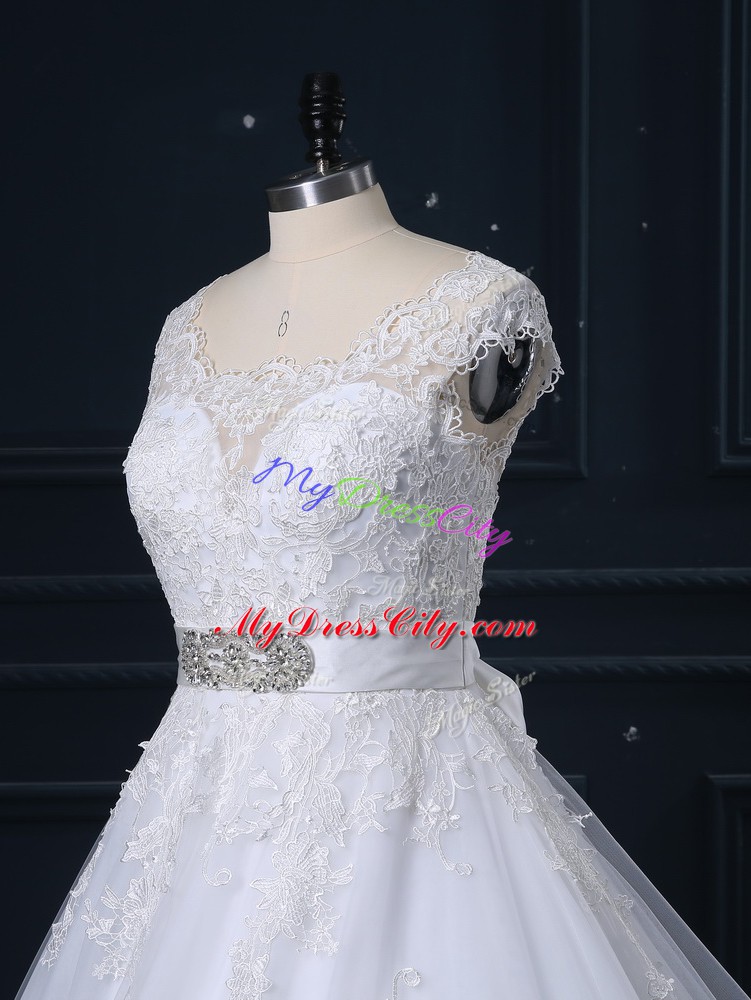 Comfortable Scoop Sleeveless Wedding Gown Brush Train Beading and Lace White Tulle