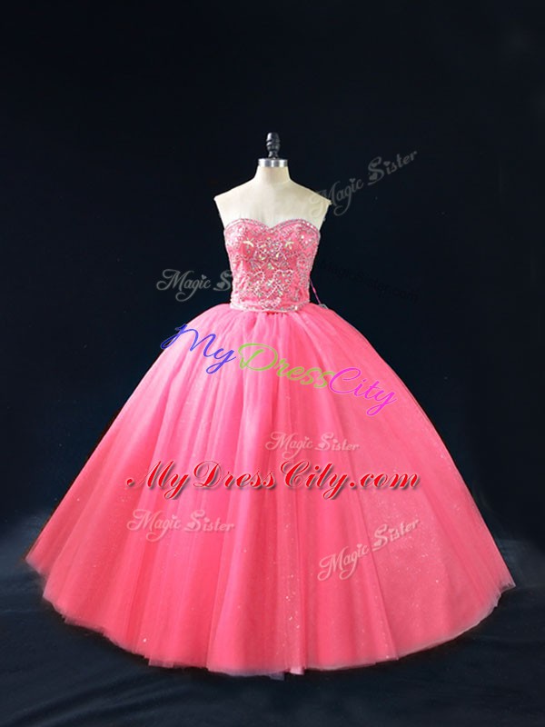 Hot Pink Sleeveless Beading Floor Length Quinceanera Gowns