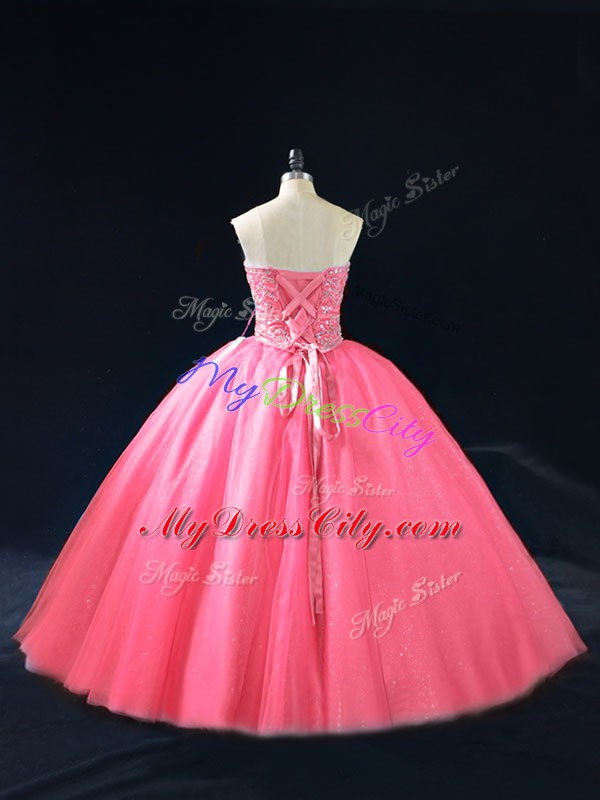 Hot Pink Sleeveless Beading Floor Length Quinceanera Gowns