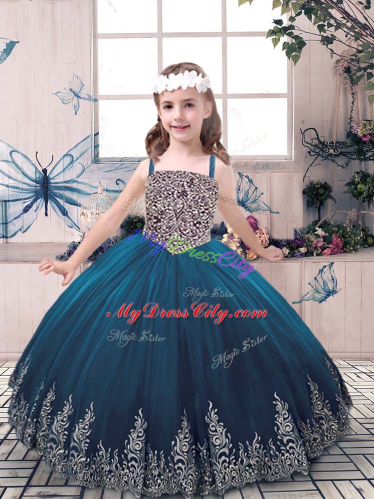 Teal Lace Up Kids Formal Wear Beading and Embroidery Sleeveless Floor Length