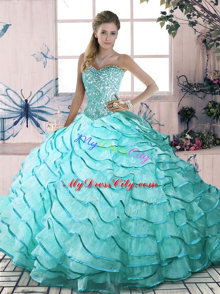 Custom Design Beading and Ruffled Layers Quinceanera Dress Aqua Blue Lace Up Sleeveless Brush Train