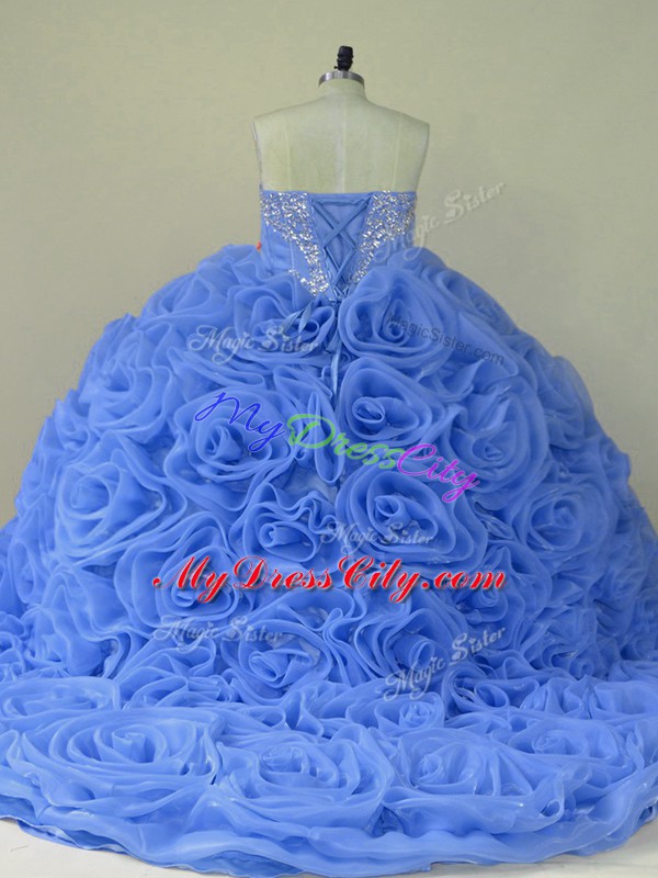 Chic Blue Sweet 16 Quinceanera Dress Sweetheart Sleeveless Brush Train Lace Up