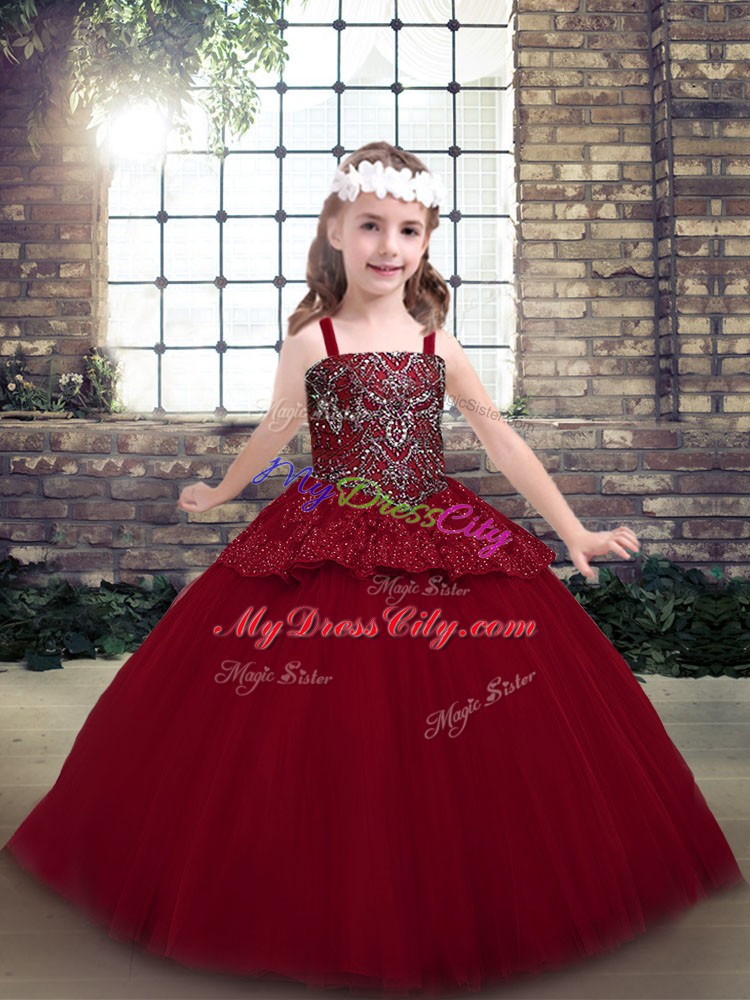 Red Straps Neckline Beading Child Pageant Dress Sleeveless Zipper