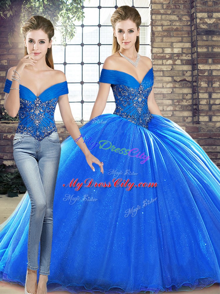 Off The Shoulder Sleeveless Brush Train Lace Up 15 Quinceanera Dress Royal Blue Organza