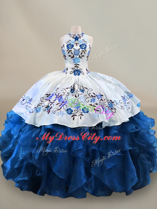 Halter Top Sleeveless Quince Ball Gowns Floor Length Embroidery and Ruffles Blue And White Organza