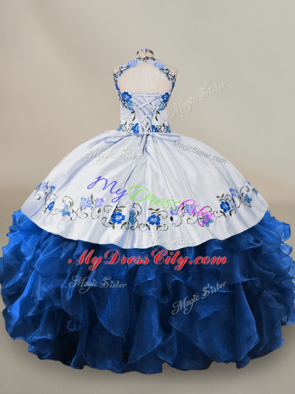 Halter Top Sleeveless Quince Ball Gowns Floor Length Embroidery and Ruffles Blue And White Organza