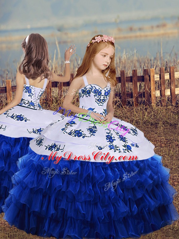 Royal Blue Lace Up Straps Embroidery and Ruffled Layers Glitz Pageant Dress Organza Sleeveless