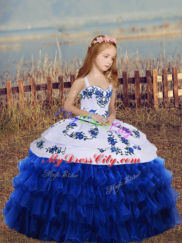 Royal Blue Lace Up Straps Embroidery and Ruffled Layers Glitz Pageant Dress Organza Sleeveless