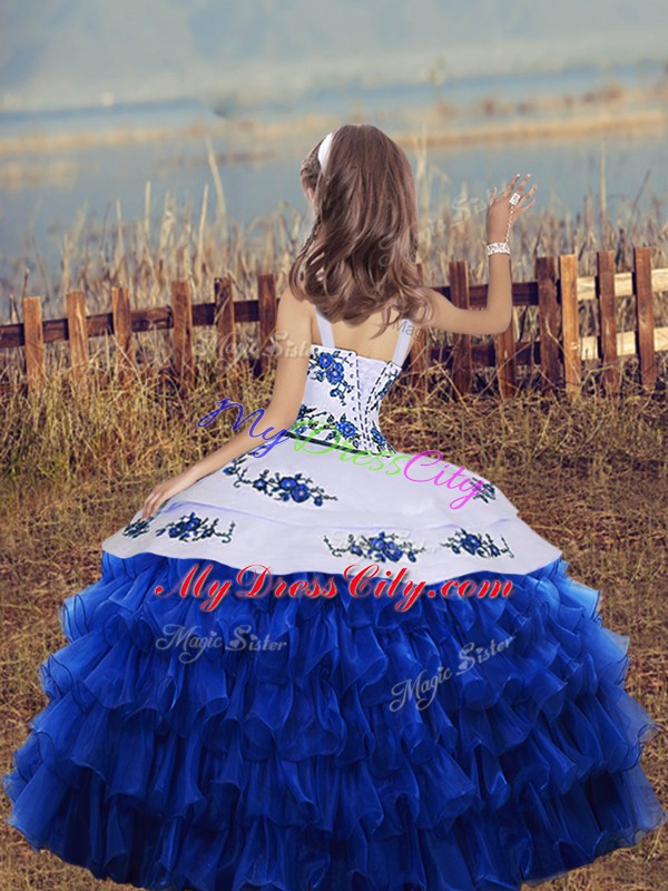 Royal Blue Lace Up Straps Embroidery and Ruffled Layers Glitz Pageant Dress Organza Sleeveless