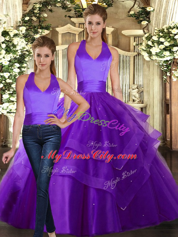 Custom Design Purple Tulle Lace Up Quinceanera Dresses Sleeveless Floor Length Ruffled Layers