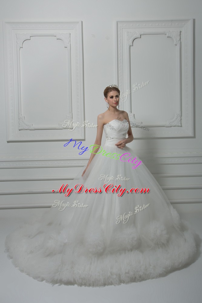 Court Train Ball Gowns Wedding Dresses White Sweetheart Tulle Sleeveless Lace Up