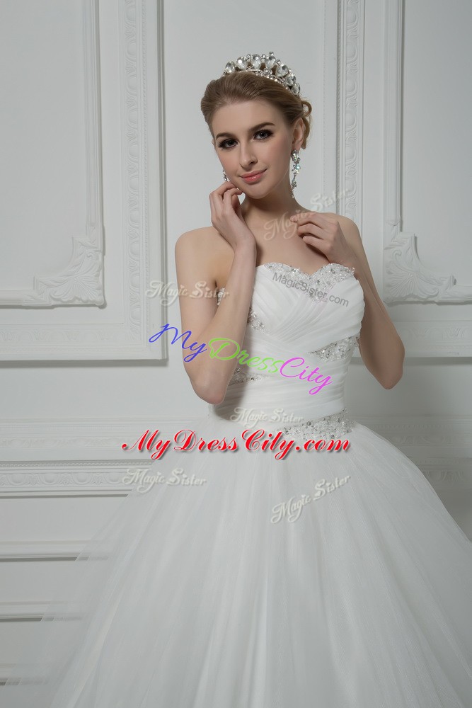 Court Train Ball Gowns Wedding Dresses White Sweetheart Tulle Sleeveless Lace Up