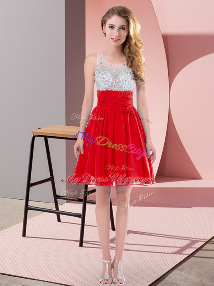 Mini Length Red Wedding Guest Dresses Chiffon Sleeveless Beading