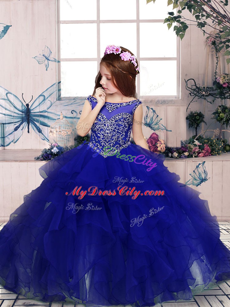 Scoop Sleeveless Kids Pageant Dress Floor Length Beading and Ruffles Royal Blue Organza