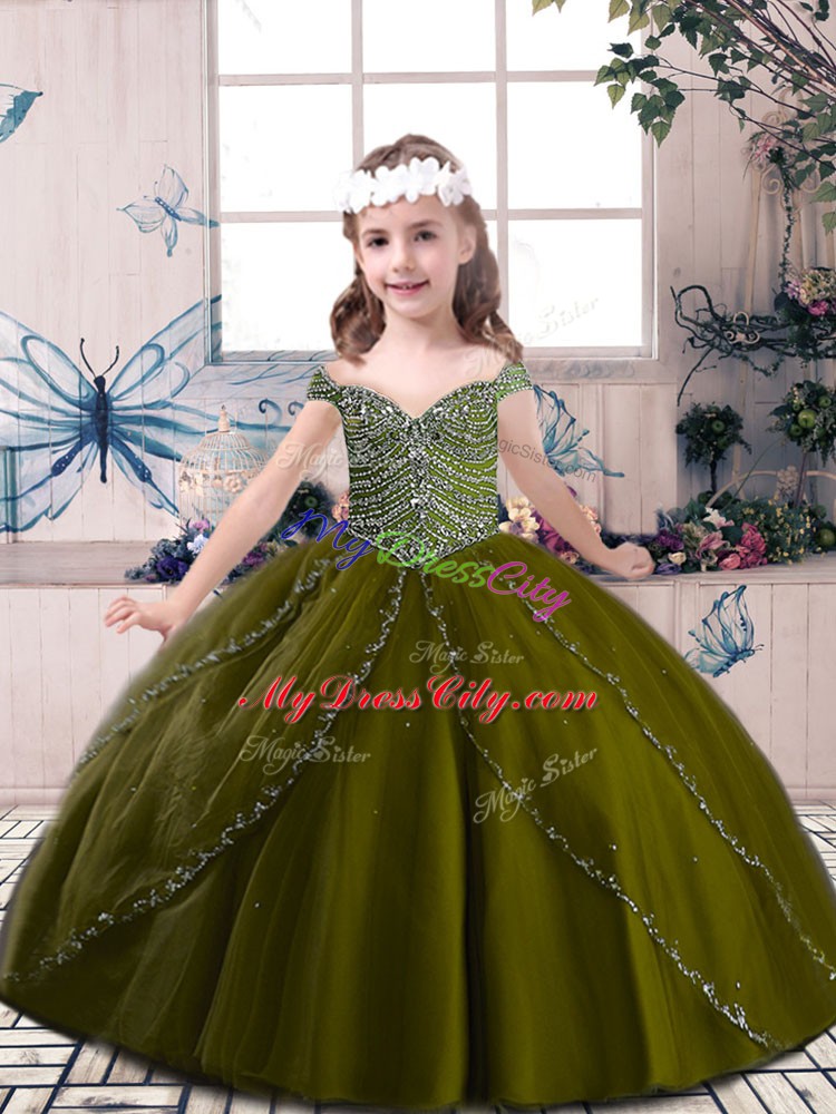 Olive Green Sleeveless Floor Length Beading Lace Up Little Girls Pageant Dress Wholesale