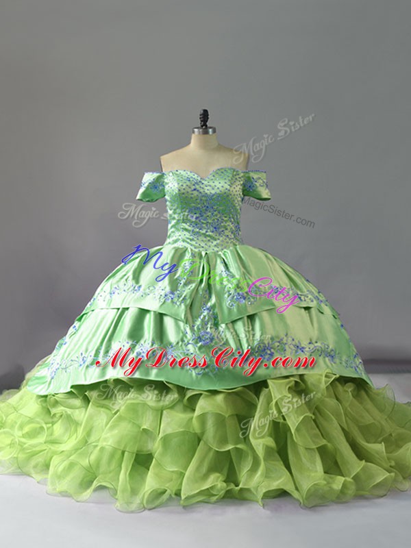 Yellow Green Sleeveless Organza Chapel Train Lace Up Quinceanera Gowns for Sweet 16 and Quinceanera