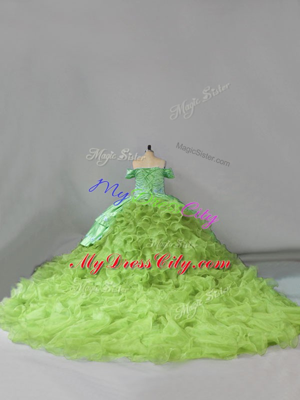 Yellow Green Sleeveless Organza Chapel Train Lace Up Quinceanera Gowns for Sweet 16 and Quinceanera