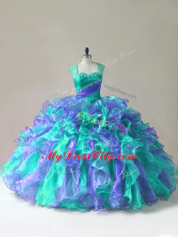 Charming Multi-color Zipper Straps Beading and Ruffles Sweet 16 Dresses Organza Sleeveless