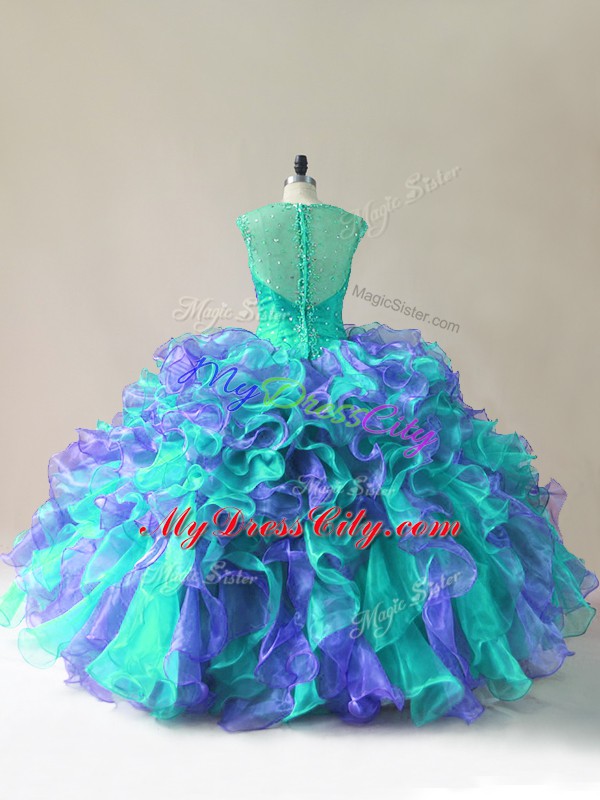 Charming Multi-color Zipper Straps Beading and Ruffles Sweet 16 Dresses Organza Sleeveless