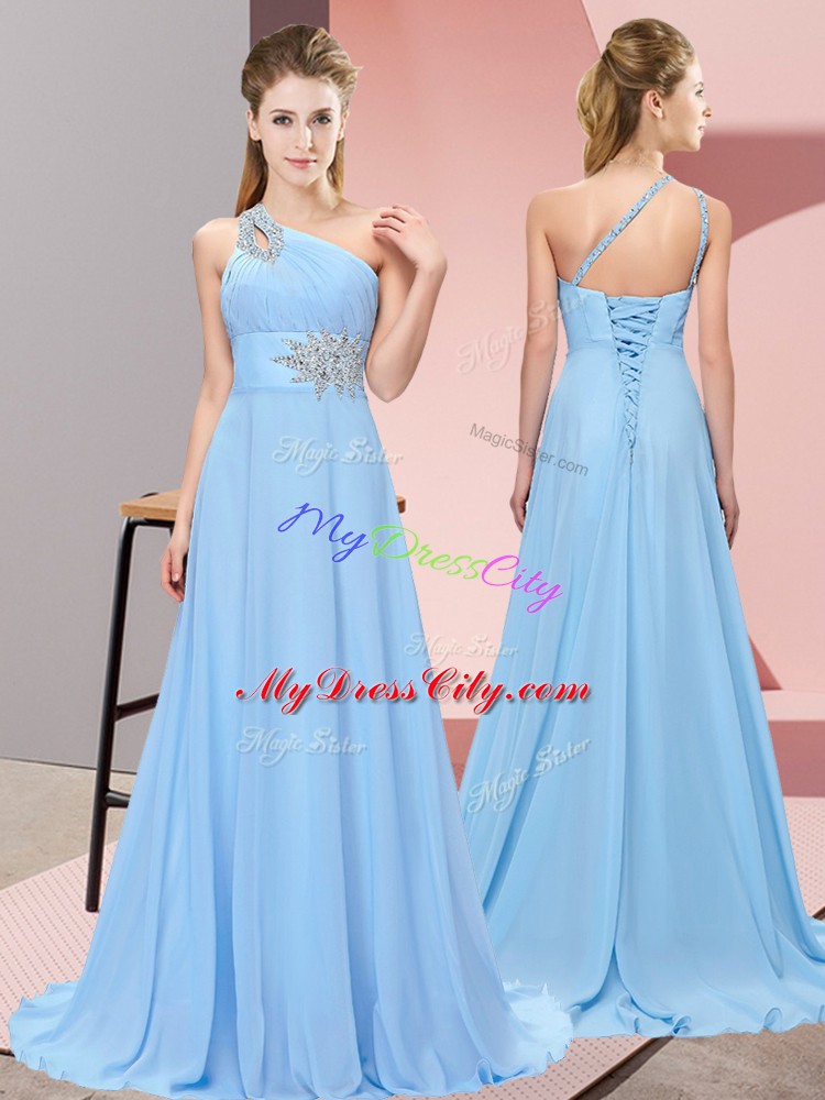 Blue Chiffon Lace Up Evening Dress Sleeveless Brush Train Beading