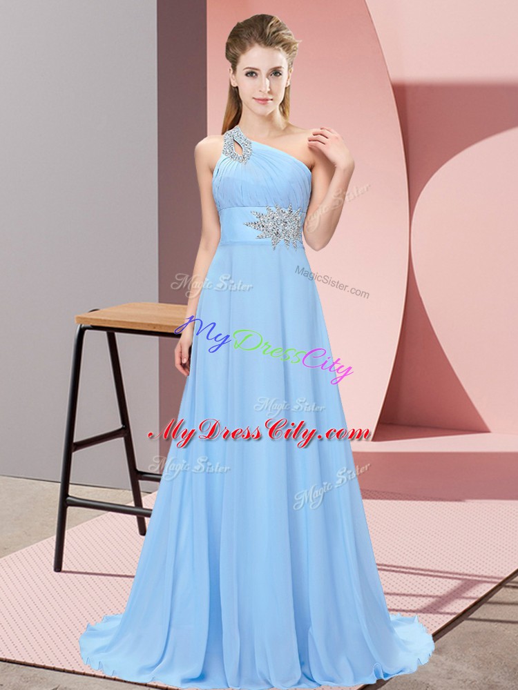 Blue Chiffon Lace Up Evening Dress Sleeveless Brush Train Beading