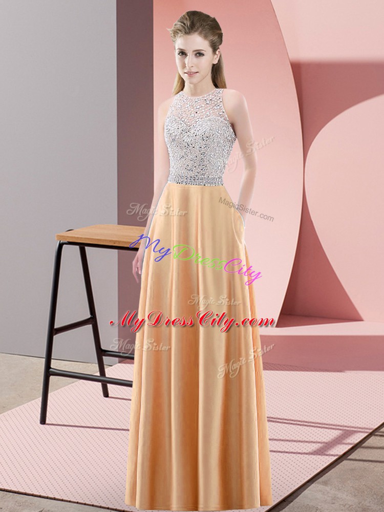 Comfortable Floor Length Orange Prom Dress Satin Sleeveless Beading