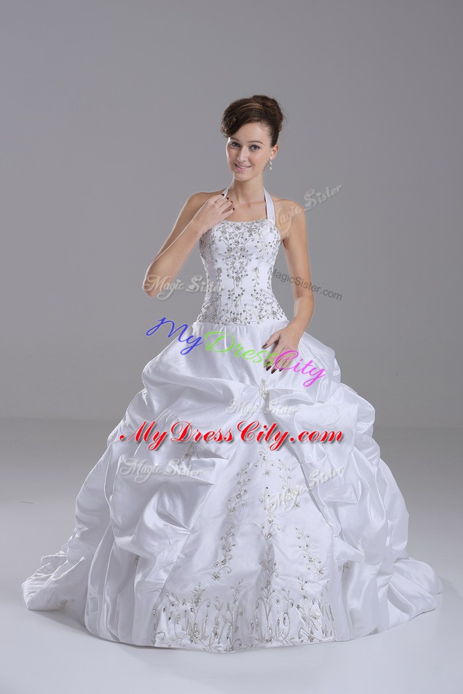 Popular White Taffeta Lace Up Bridal Gown Sleeveless Brush Train Beading and Embroidery and Pick Ups