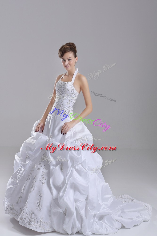 Popular White Taffeta Lace Up Bridal Gown Sleeveless Brush Train Beading and Embroidery and Pick Ups