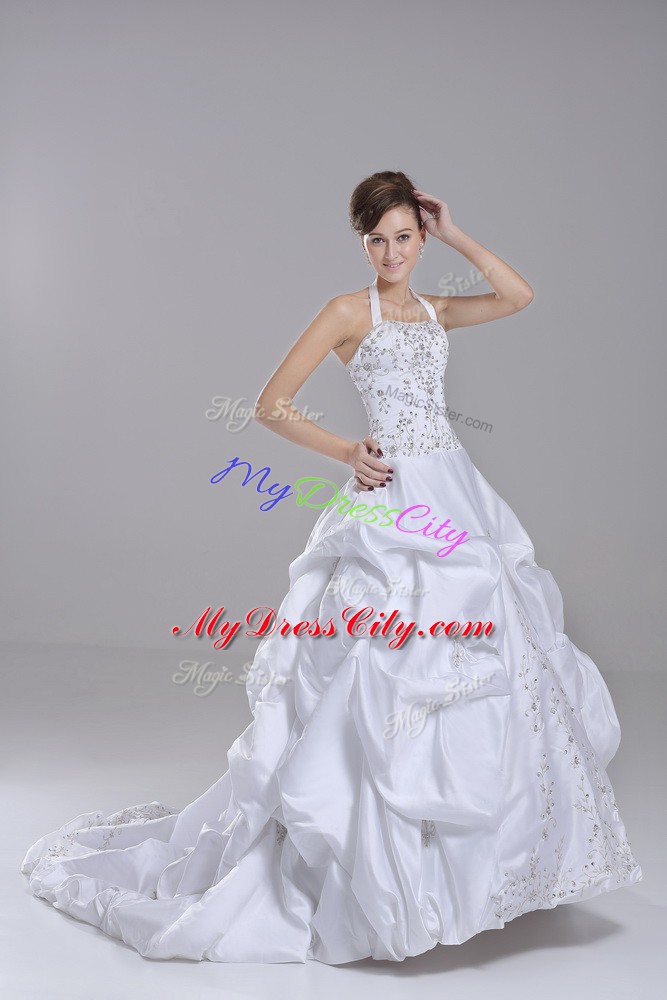 Popular White Taffeta Lace Up Bridal Gown Sleeveless Brush Train Beading and Embroidery and Pick Ups