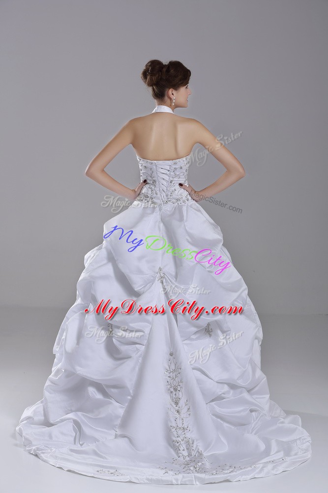 Popular White Taffeta Lace Up Bridal Gown Sleeveless Brush Train Beading and Embroidery and Pick Ups