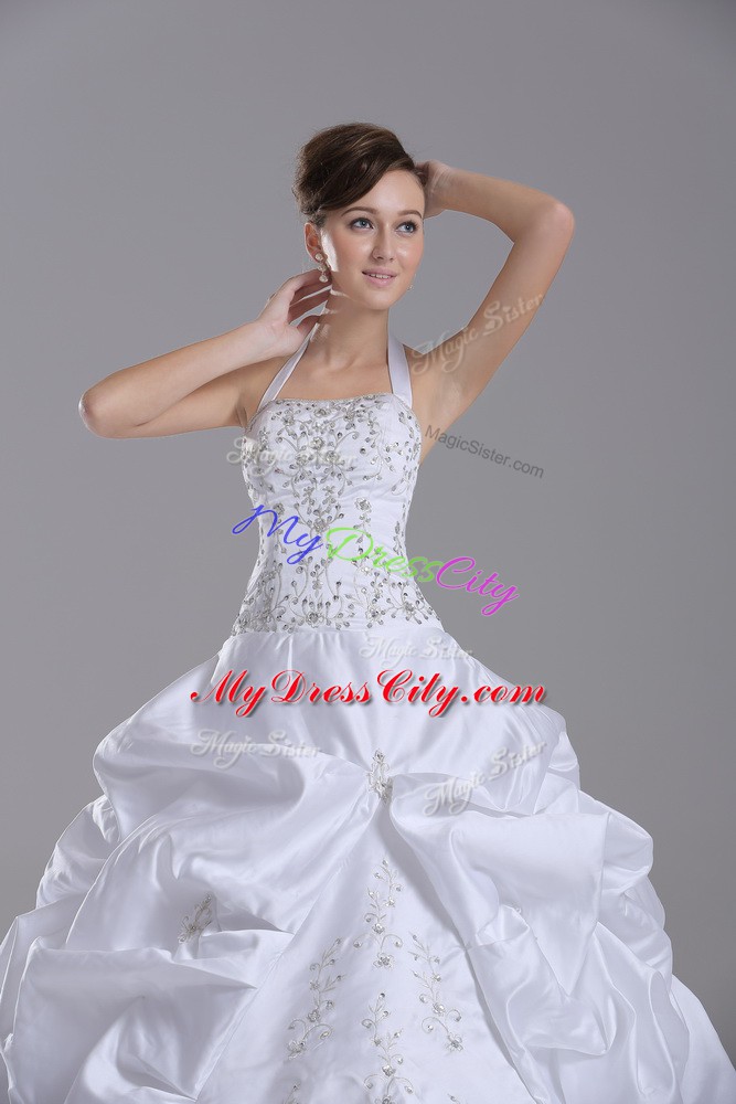 Popular White Taffeta Lace Up Bridal Gown Sleeveless Brush Train Beading and Embroidery and Pick Ups