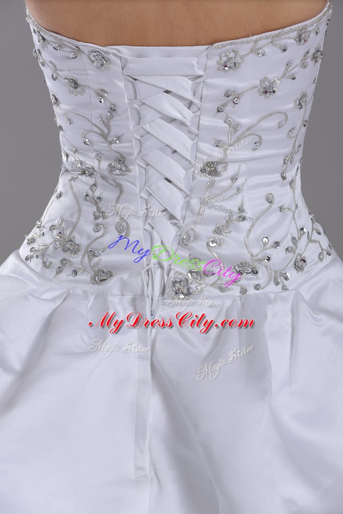 Popular White Taffeta Lace Up Bridal Gown Sleeveless Brush Train Beading and Embroidery and Pick Ups