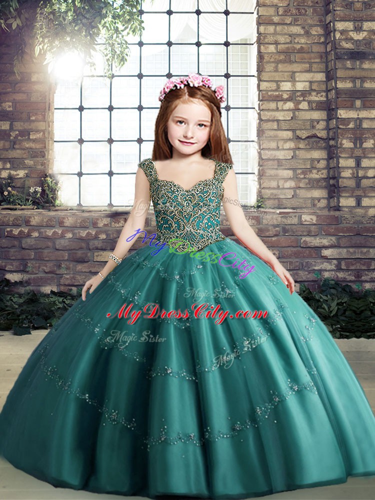 Sleeveless Lace Up Floor Length Beading Child Pageant Dress