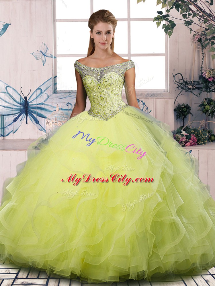 Yellow Green Lace Up Off The Shoulder Beading and Ruffles Quinceanera Gown Tulle Sleeveless