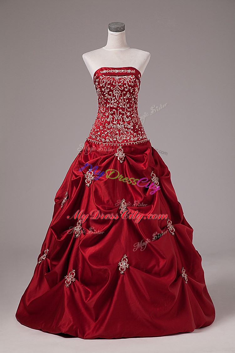 Custom Design Wine Red Sleeveless Floor Length Embroidery and Pick Ups Lace Up Quinceanera Gowns