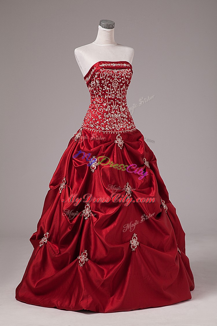 Custom Design Wine Red Sleeveless Floor Length Embroidery and Pick Ups Lace Up Quinceanera Gowns