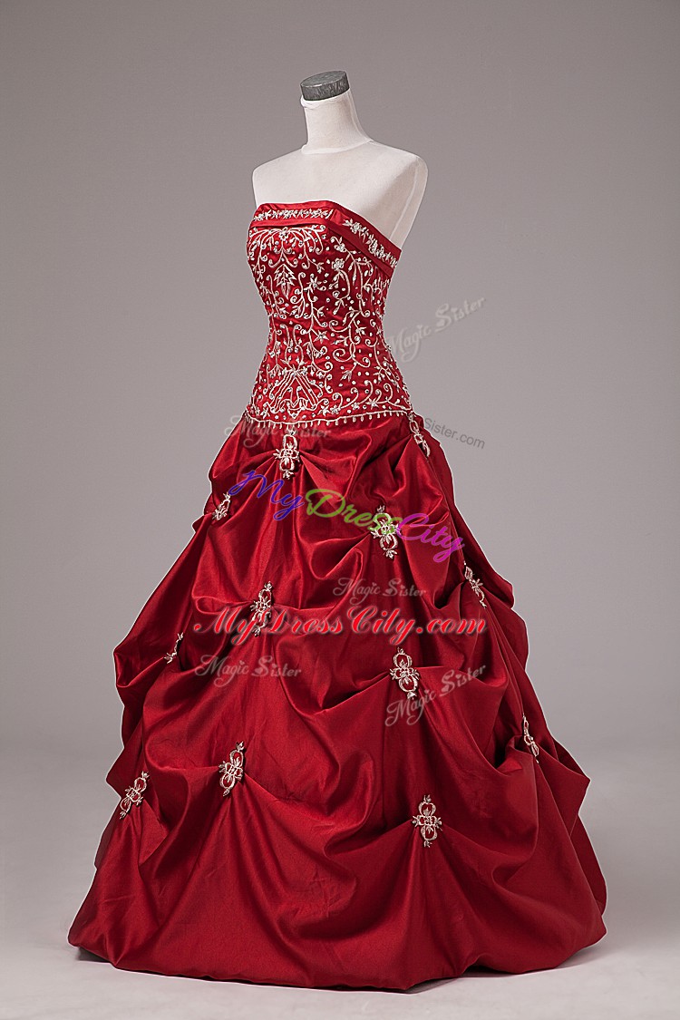 Custom Design Wine Red Sleeveless Floor Length Embroidery and Pick Ups Lace Up Quinceanera Gowns