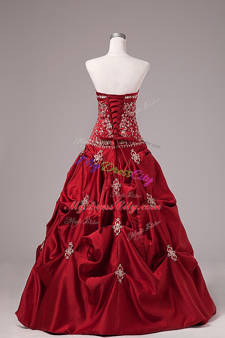 Custom Design Wine Red Sleeveless Floor Length Embroidery and Pick Ups Lace Up Quinceanera Gowns