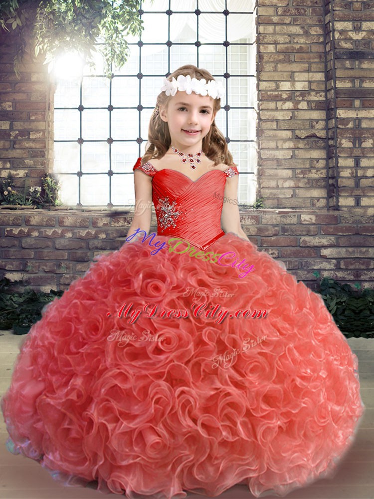 Adorable Straps Sleeveless Fabric With Rolling Flowers Little Girl Pageant Dress Beading and Ruching Lace Up