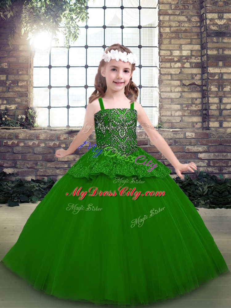 Latest Green Ball Gowns Straps Sleeveless Tulle Floor Length Lace Up Beading Little Girls Pageant Gowns