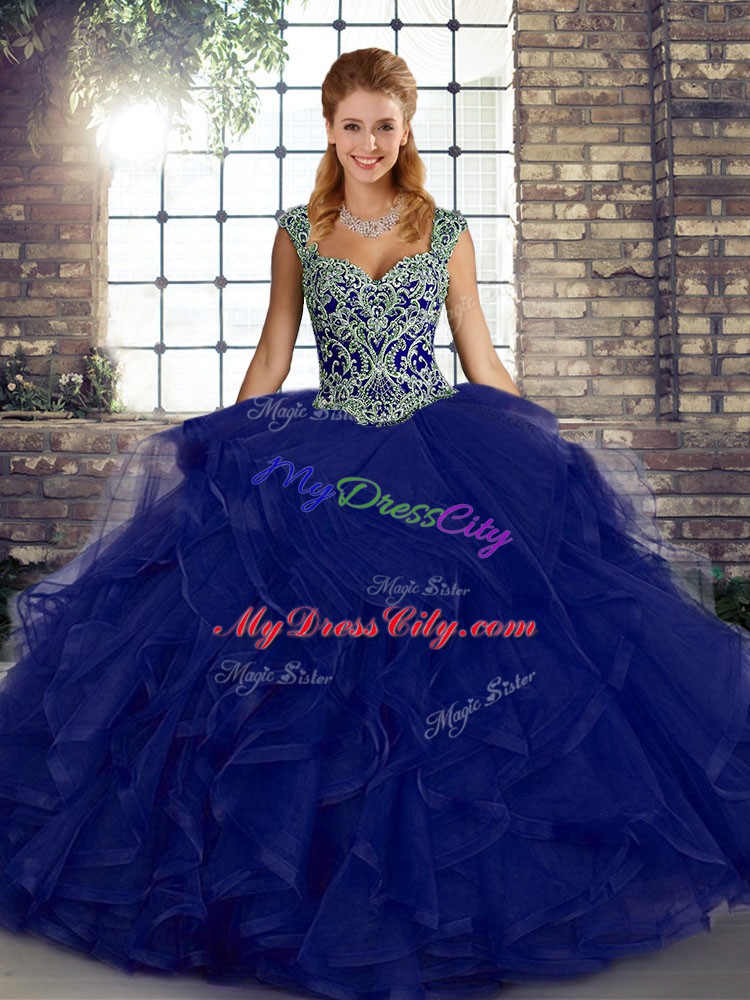 Purple Sleeveless Floor Length Beading and Ruffles Lace Up Quinceanera Dresses